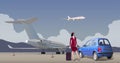 Stewardess near the car on the background of the plane. Vector