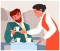 Stewardess offering coffee to passenger, flight attendant serving drink to man in chair Royalty Free Stock Photo