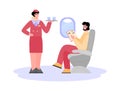 Stewardess offering drinks to passenger cartoon vector illustration isolated.