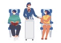 Stewardess and passengers wearing face masks on board the aircraft, flat vector illustration. New normal of air travel.