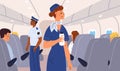 Stewardess in plane cabin. Flight attendant checks passengers and carries water. Aircraft board. Comfortable seats Royalty Free Stock Photo