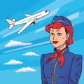 Stewardess in pop art style. Background plane takes off. Floating in clouds airplane. Welcome aboard. Illustration in comic style.