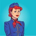 Stewardess in pop art style. Welcome aboard. Vector illustration in comic style. Royalty Free Stock Photo