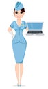 Stewardess in professional uniform. Cute smiling woman working as air hostess holding modern laptop.
