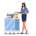 Stewardess Push Trolley with Drinks Holding Pos Terminal. Flight Attendant, Airline Staff, Air Hostess in Blue Uniform Royalty Free Stock Photo