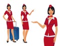 Stewardess in red uniform. Flying attendants, air hostess pointing on information or standing with bag.