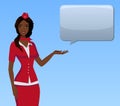 Stewardess in red uniform. Flying attendants, air hostess pointing on information or standing with bag.