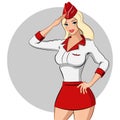 Stewardess in a red and white dress blondie