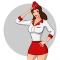 Stewardess in a red and white dress brown hair