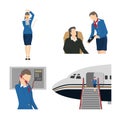 Stewardess serves passengers on the airplane. Attendant woman in uniform. Aircraft crew. Royalty Free Stock Photo