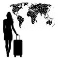 Stewardess silhouette with planes flying above the world map