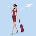 Stewardess with a suitcase and a plane ticket