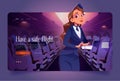 Stewardess with ticket in airplane cartoon landing