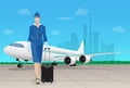 Stewardess in uniform near airplane in airport. Vector illustration