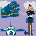 Stewardess in uniform welcomes on board in front of big airplane