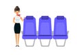 The stewardess is waiting for the passengers. Flight attentant female stands near the seats. Vector flat colorful