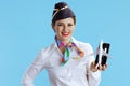 stewardess woman on blue showing little airplane and smartphone