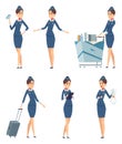 Stewardess. Woman hostess professional blue uniform of boarding airplane girl vector cartoon characters