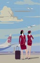 Stewardesses at the airport against the backdrop of aircraft. Vector