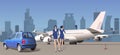 Stewardesses at the airport near the aircraft and cars. Vector