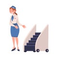 Stewardesses standing near plane meeting passengers on gangway cartoon vector illustration