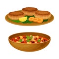 Stewed Beans with Chickpea and Carrot and Patty Cakes as Egyptian Dish Vector Illustration Set