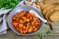 Stewed broad beans in tomato sauce with herbs and spices close-up, slices of rye bread Royalty Free Stock Photo