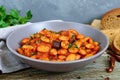 Stewed broad beans in tomato sauce with herbs and spices close-up, slices of rye bread Royalty Free Stock Photo