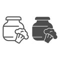 Stewed cabbage and broccoli line and solid icon. Glass can jar and cabbage outline style pictogram on white background