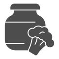 Stewed cabbage and broccoli solid icon. Glass canned jar and cabbage glyph style pictogram on white background. Children