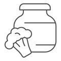 Stewed cabbage and broccoli thin line icon. Glass canned jar and cabbage outline style pictogram on white background