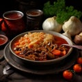 stewed cabbage with mushrooms and eggplant on wooden background. AI Generative Royalty Free Stock Photo