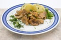 Stewed chanterelles in white sauce with boiled potatoes