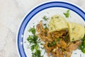 Stewed chanterelles in white sauce with boiled potatoes