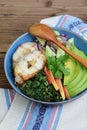 Stewed chard with apples, avocado, fish and salad of cucumbers, onions. AIP breakfast, dinner or lunch. Autoimmune Paleo. Diet hea