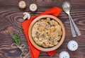 Stewed diced turkey with mushrooms in a creamy sauce in a clay plate on a brown wooden background. Turkey recipes