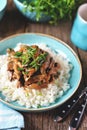 Stewed liver in a sauce with onion, carrot and parsley and boiled rice.