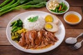 Stewed pork leg with boiled egg and rice on plate Royalty Free Stock Photo