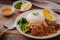 Stewed pork leg with boiled egg and rice on plate Royalty Free Stock Photo