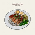 Stewed pork leg rice with egg in Brown sweet sauce, hand draw sketch vector Royalty Free Stock Photo