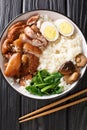 Stewed pork leg with rice, eggs and herb Thai Khao Kha Moo closeup in the bowl. Vertical top view Royalty Free Stock Photo