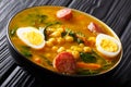 Stewed Potaje de garbanzos chickpeas, spinach, chorizo sausages, boiled eggs close-up in a bowl. horizontal