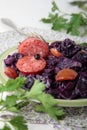Stewed red cabbage with fried sausage Royalty Free Stock Photo