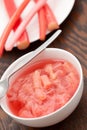 Stewed rhubarb in a white dish