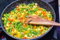 Stewed sliced vegetables in a pan