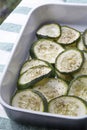 Stewed sliced zucchini with pepper in the white bowl