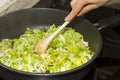 Stewing leek slices Royalty Free Stock Photo