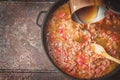 Stewing meat , onion and tomatoes top view Royalty Free Stock Photo