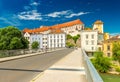 Steyr, Austria: View of the main street of Steyr and the Lamberg Castle on the hill