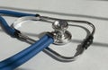 Sthethoscope on medical desk close up. Hospital tool closeup Royalty Free Stock Photo